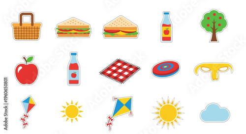 Colorful Summer Picnic Icon Set.