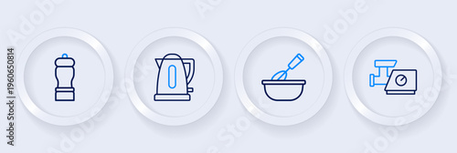 Set line Kitchen meat grinder, Cooking whisk with bowl, Electric kettle and Pepper icon. Vector