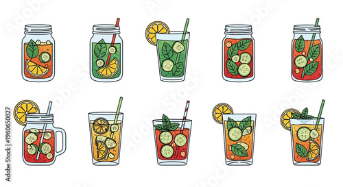 Colorful summer drinks with straws.