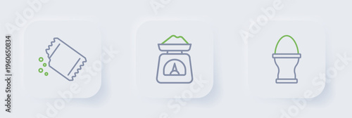 Set line Chicken egg on a stand, Scales and Packet of pepper icon. Vector
