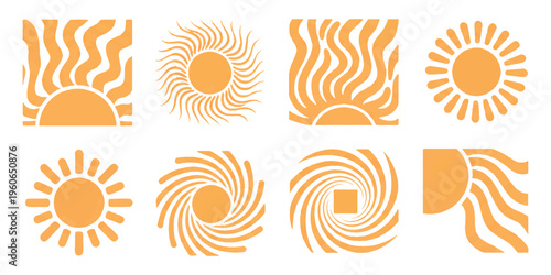 A collection of eight unique stylized sun icons featuring various abstract wavy and circular rays