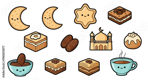 Cartoon Ramadan Food and Drink Icons.