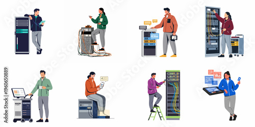 Flat Vector Illustrations of IT Professionals and Technicians Working with Server Racks and Data Center Equipment