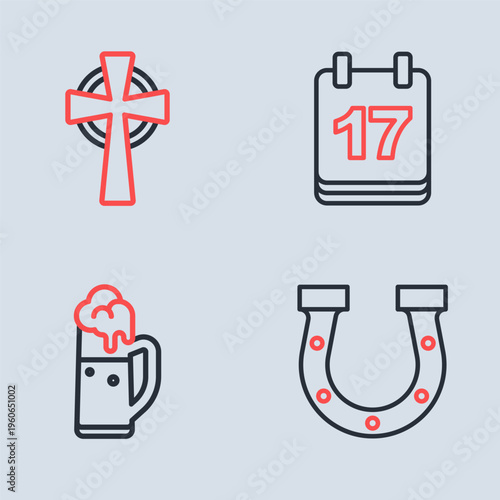 Set line Saint Patricks day with calendar, Glass of beer, Horseshoe and Celtic cross icon. Vector