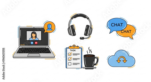 Remote work essentials laptop headset task list coffee and cloud chat symbols for online communication and productivity