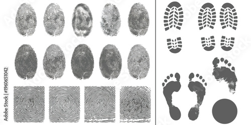 A collection of various gray fingerprint patterns and different human and shoe footprint silhouettes