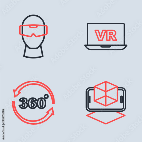 Set line Virtual reality, 360 degree view, 3d modeling and glasses icon. Vector