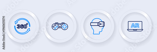 Set line Augmented reality AR, Virtual glasses, Gamepad and 360 degree view icon. Vector