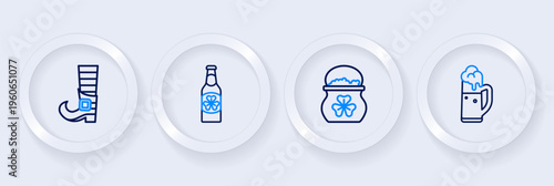 Set line Glass of beer, Pot gold coins, Beer bottle with clover and Leprechaun boot icon. Vector