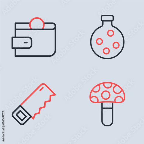 Set line Bottle with potion, Hand saw, Psilocybin mushroom and Wallet icon. Vector