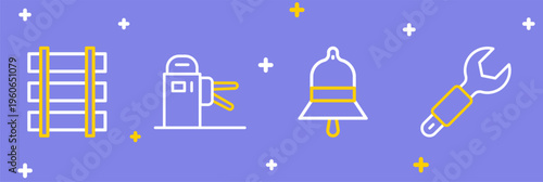 Set line Wrench spanner, Train station bell, Turnstile and Railway barrier icon. Vector