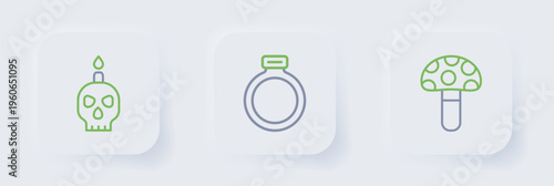 Set line Psilocybin mushroom, Magic stone ring and Burning candle skull icon. Vector