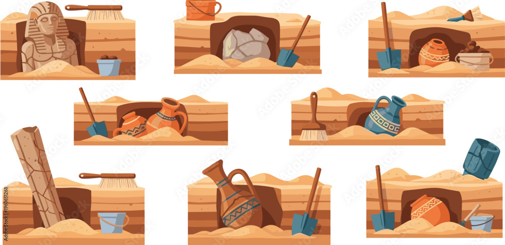 Fototapeta premium Archaeological excavation scenes flat vector illustration ancient artifacts discovery with tools pottery statues and dig sites historical exploration set