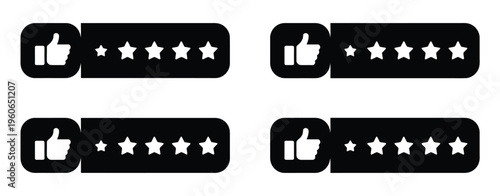 Trendy and modern customer product rating with five stars, user review feedback system, satisfaction score indicator, online shopping rating UI element, customer experience evaluation stars set, vecto