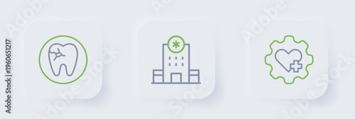 Set line Heart with cross, Hospital building and Tooth caries icon. Vector
