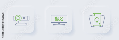 Set line Playing cards, Computer monitor and Web camera icon. Vector