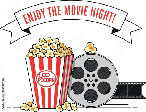 Enjoy a Retro Movie Night with Classic Popcorn and Film Reel Imagery