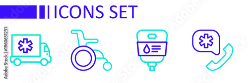 Set line Emergency call 911, IV bag, Wheelchair for disabled person and Ambulance car icon. Vector