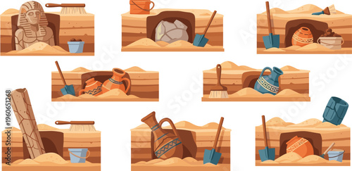 Archaeological excavation scenes flat vector illustration ancient artifacts discovery with tools pottery statues and dig sites historical exploration set