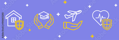 Set line Life insurance with shield, Plane hand, Education grant and House icon. Vector