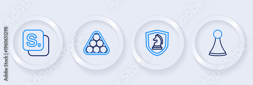Set line Chip for board game, Chess, Billiard balls in triangle and Bingo icon. Vector