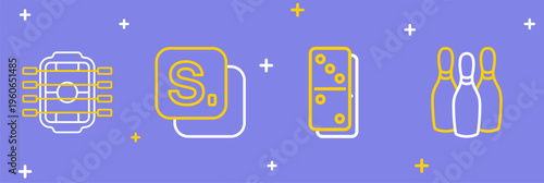 Set line Bowling pin, Domino, Bingo and Table football icon. Vector