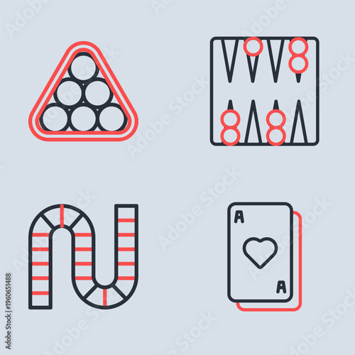 Set line Backgammon board, Board game, Playing cards and Billiard balls triangle icon. Vector