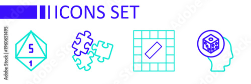 Set line Game dice, Board game, Puzzle pieces toy and icon. Vector