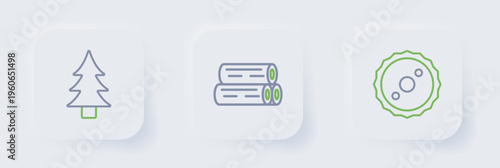 Set line Circular saw blade, Wooden log and Tree icon. Vector