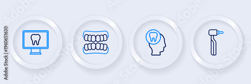 Set line Tooth drill, Toothache, Dentures model and Online dental care icon. Vector