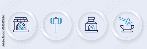 Set line Anvil and hammer, Blacksmith oven, Sledgehammer and icon. Vector