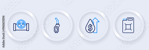 Set line Canister for gasoline, Oil price increase, Gasoline pump nozzle and pipe with valve icon. Vector