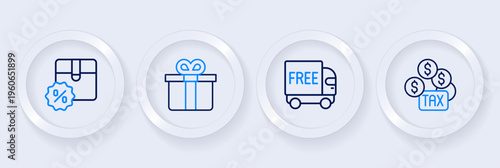 Set line Tax payment, Free delivery service, Gift box and Cardboard with discount icon. Vector