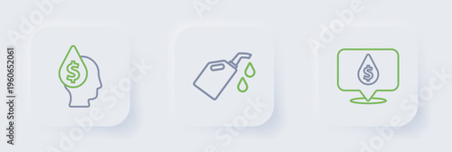 Set line Oil drop with dollar symbol, Canister for motor machine oil and icon. Vector