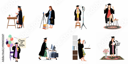 Flat illustration set of female graduates celebrating virtual graduation ceremony from home with laptops, cameras, and balloons for the class of 2024.