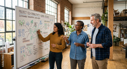 Creative professionals of different ages discussing ideas at a whiteboard in sunlit studio