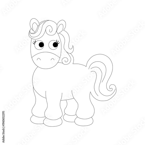A cute cartoon horse coloring page for kids, featuring a simple line art style. This illustration of the animal features large eyes and clean lines, perfect for children's coloring pages.