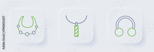Set line Piercing, Pendant on necklace and Necklace icon. Vector