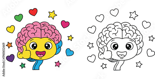 Happy Cartoon Brain Character Thumbs Up - Positive Mental Health and Learning Concept