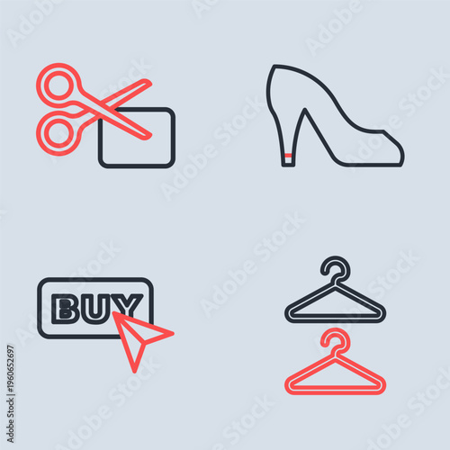 Set line Woman shoe, Buy button, Hanger wardrobe and Scissors cuts discount coupon icon. Vector
