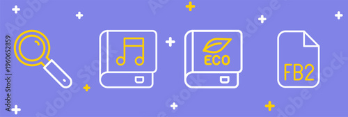 Set line FB2 File, Book about ecology, Audio book and Magnifying glass icon. Vector
