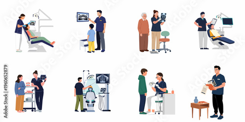 Set of flat vector illustrations depicting various dental clinic scenes with dentists, hygienists, and patients during consultations, examinations, and X-ray reviews.