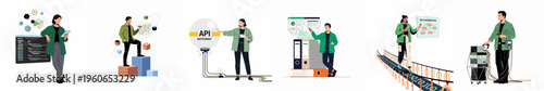 Collection of illustrations showing various aspects of API development, integration, architecture, and server management by professional developers in a modern flat style.