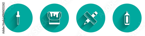 Set Eyedropper color picker palette, Paint bucket, Crossed ruler and pencil and Marker icon with long shadow. Vector
