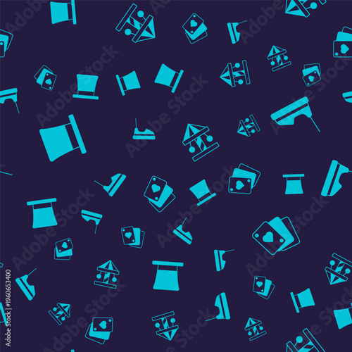 Set Cylinder hat, Bumper car, Attraction carousel and Playing cards on seamless pattern. Vector