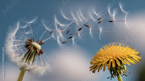 Close Up of White Dandelion Seeds Flying in Wind Next to Yellow Dandelion Flower Against Blue Sky