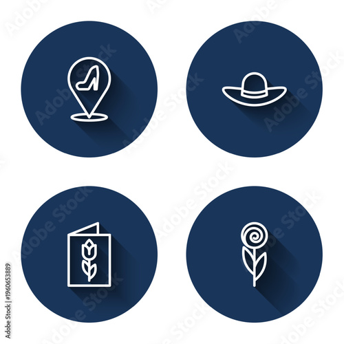 Set line Woman shoe, Elegant women hat, Greeting card with 8 March and Flower with long shadow. Blue circle button. Vector