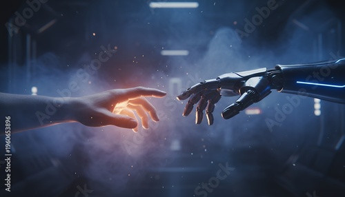 Human and Robot Hands Touching, Symbolizing Connection and Future Technology.