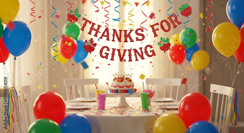 A festive Thanksgiving celebration with colorful balloons and a cake on a table