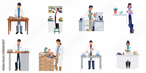 Collection of pharmacists and scientists performing various tasks in pharmacies and laboratories, including dispensing medication and conducting research in a flat vector style.